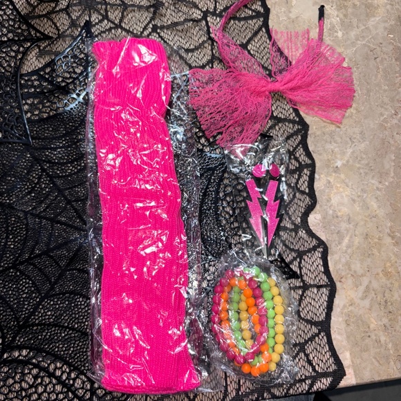 NWOT 80s Pink Accessories Women Lace Headband Earrings, Leg Covers, Bracelets - Picture 1 of 12